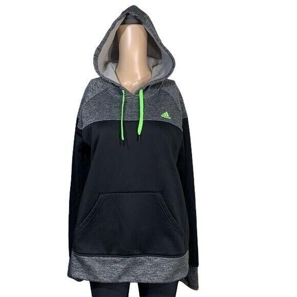 adidas Tops - Adidas Womens Hoodie Sweatshirt Fleece Lined Pullover Sporty Black Green Large